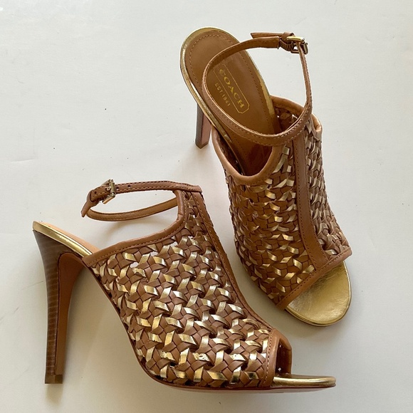 COACH Leela Woven Open Toe Heels Ginger/ Gold Size 8.5 - Picture 1 of 12